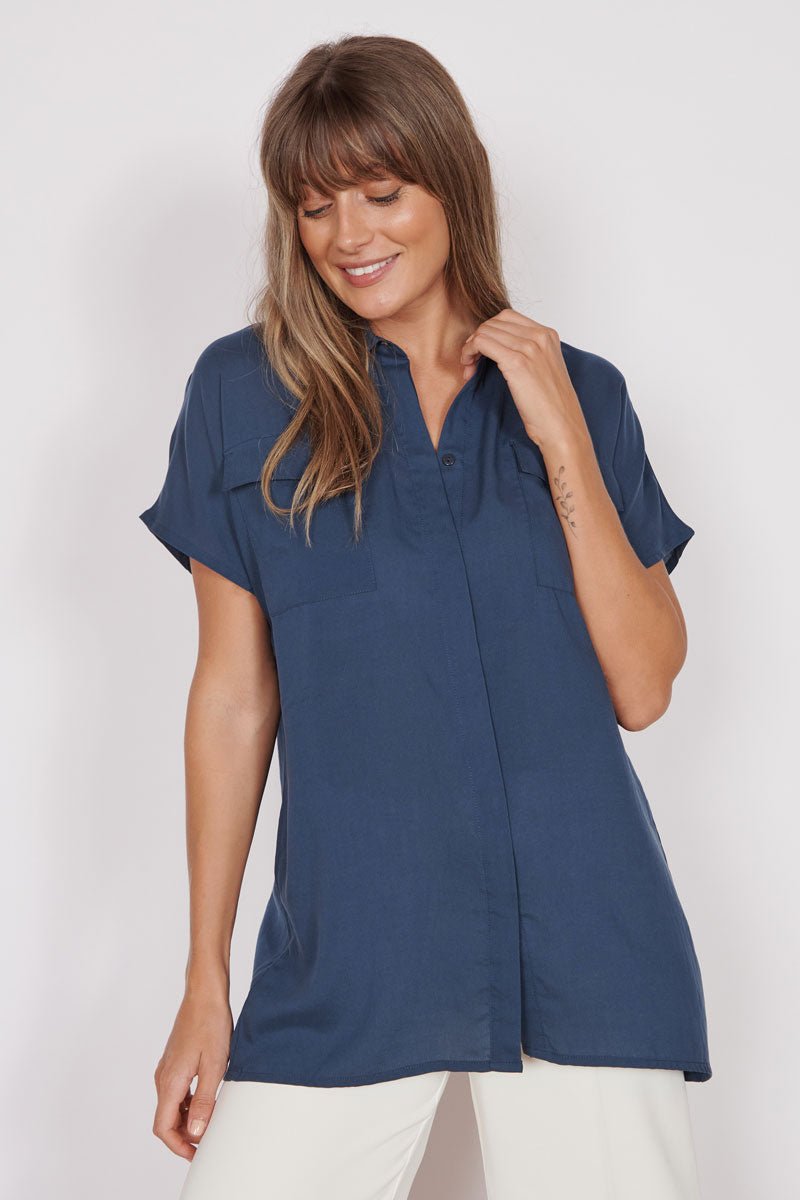 Jeetly Women's Navy Blue Short Sleeve Shirt –