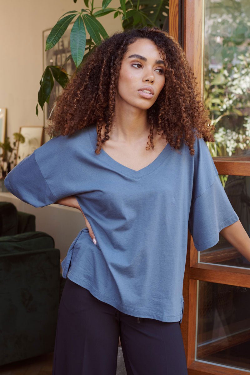 Jeetly.comElla Blue Over Sized V Neck T-ShirtShirts & Tops