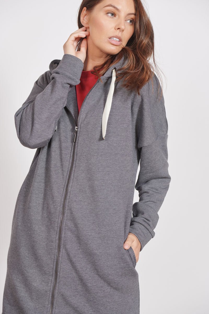 Jeetly.comLottie Grey Marl Loungewear Longline Zip Through Hooded SweaterLoungewear